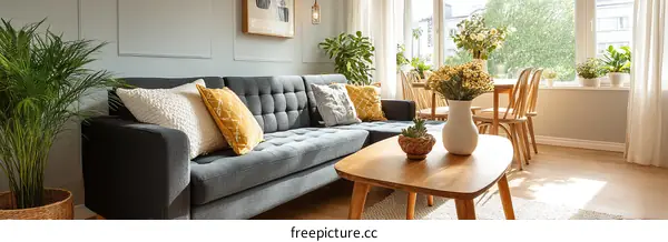 Modern Living Room with Cozy Sofa and Plants