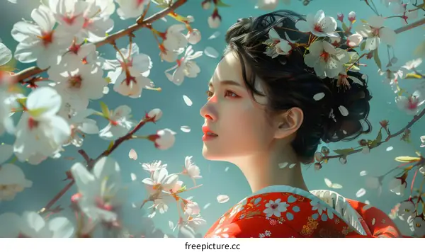 Portrait of a young woman in a kimono standing in a field of cherry blossoms
