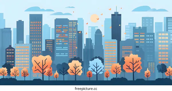 Cityscape with Trees and Birds