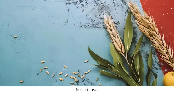 Wheat Stalks and Green Leaves on a Blue and Red Background