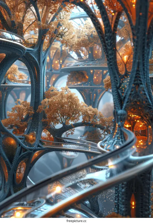 futuristic city with glass walkways and trees