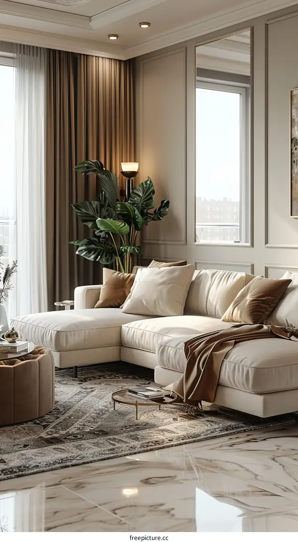 Modern Living Room Interior Design With White Sofa And Brown Curtains