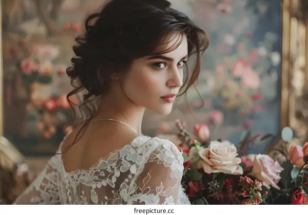 Portrait of a beautiful young bride with a bouquet of flowers