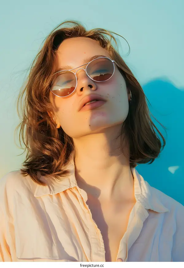 Woman with Sunglasses Looking Up at the Sky