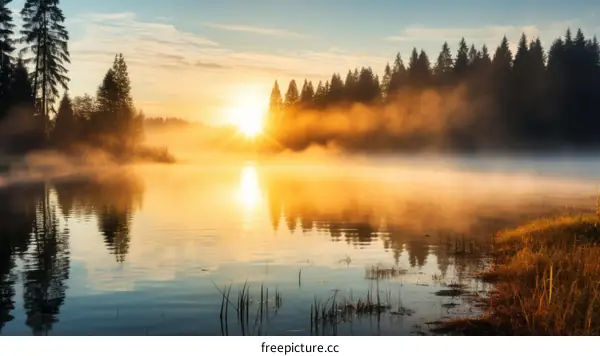 Misty lake at sunrise in the forest