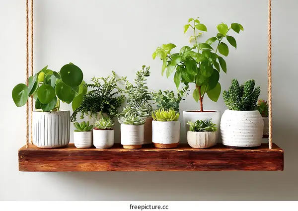 Planted Potted Plants on Wooden Shelf