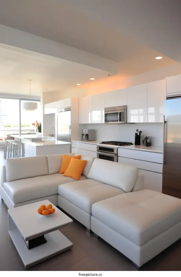 An open-concept living space with white walls and furniture