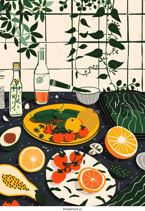 Colorful Fruit and Vegetable Still Life Illustration