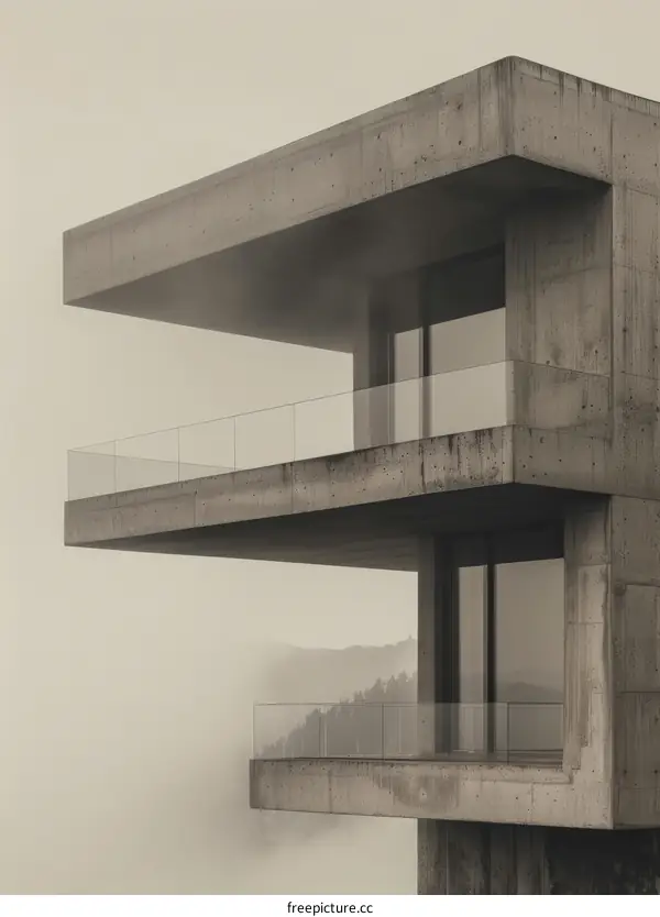 Modern Minimalist Concrete House Design with Balcony and Large Glass Windows