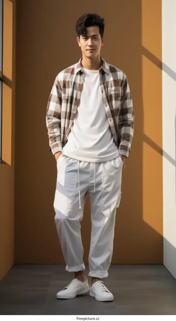 Asian young man standing with hands in his pockets