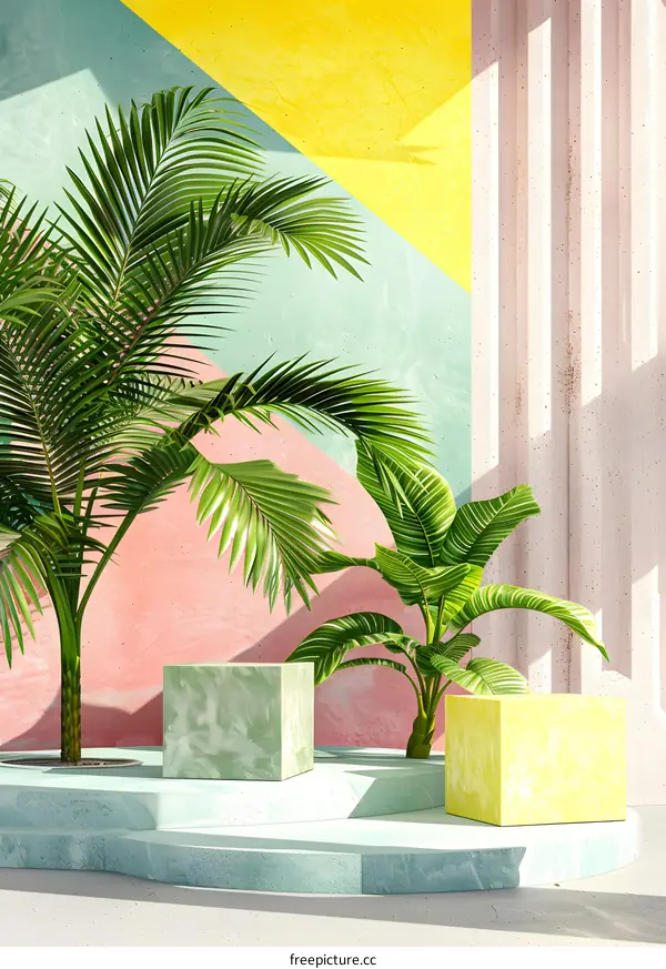 Minimalist Summer Background with Palm Trees and Geometric Shapes