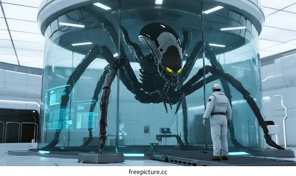 Scientist Observing Large Alien Spider in Glass Laboratory