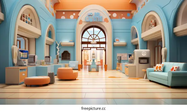 Blue and orange retro futuristic diner interior