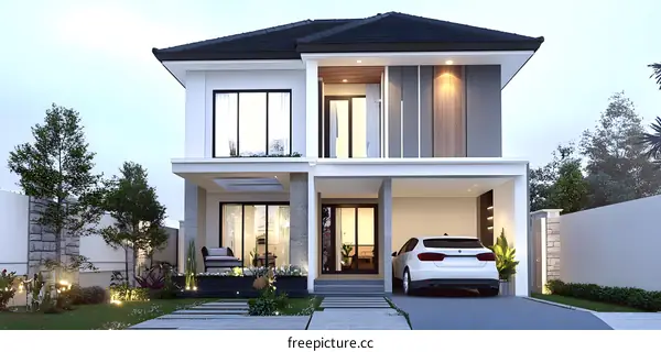 Modern Two Story House Design with Carport and Landscaping