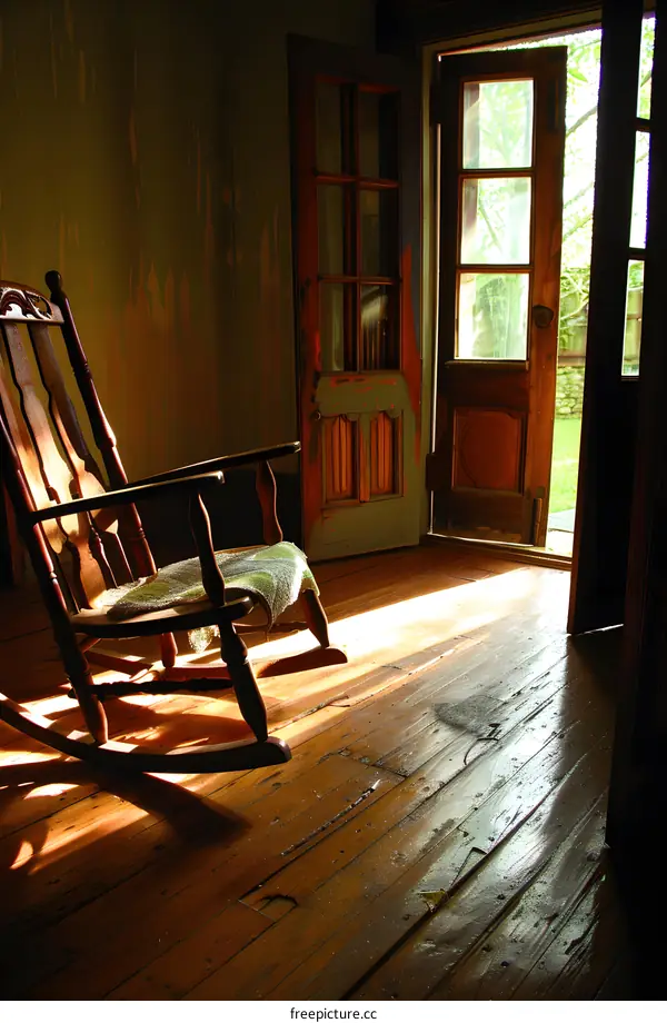 Wooden Rocking Chair In Room With Sunlight