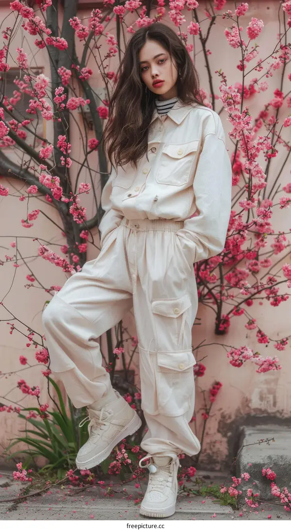 A woman posing in a field of pink flowers