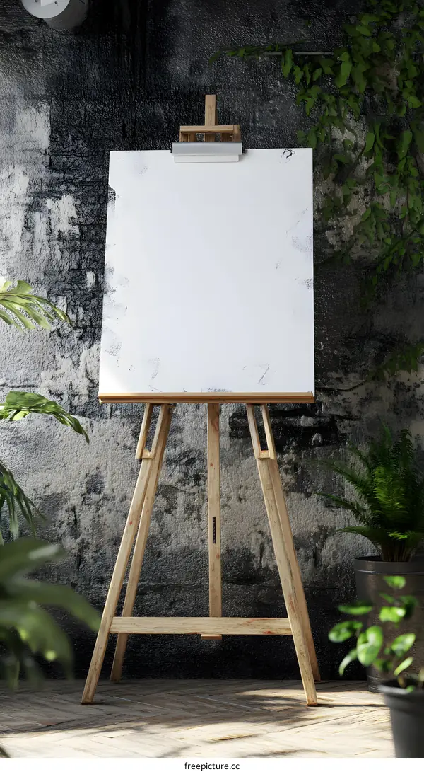 Blank Canvas on Wooden Easel with Plants and Rustic Wall Background