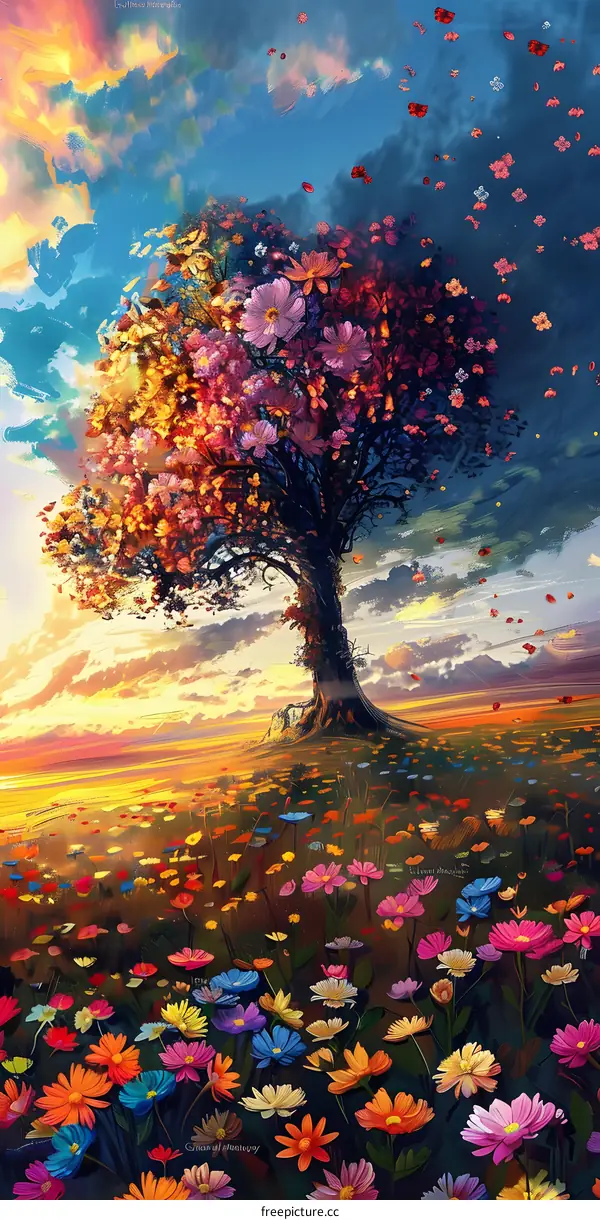 Colorful Tree With Flowers in Spring and Fall Seasons