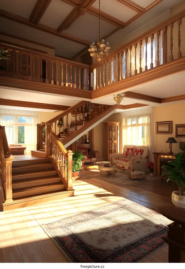 Wooden Staircase Leading to Upstairs in a Luxury Home