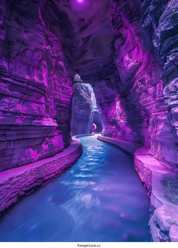Purple Illuminated Canyon River Flowing