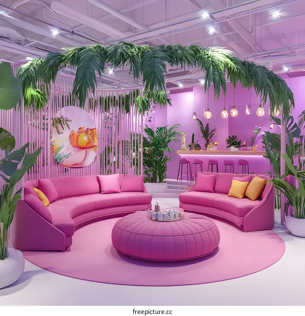 Pink Lounge Interior Design with Tropical Plants and Palm Tree