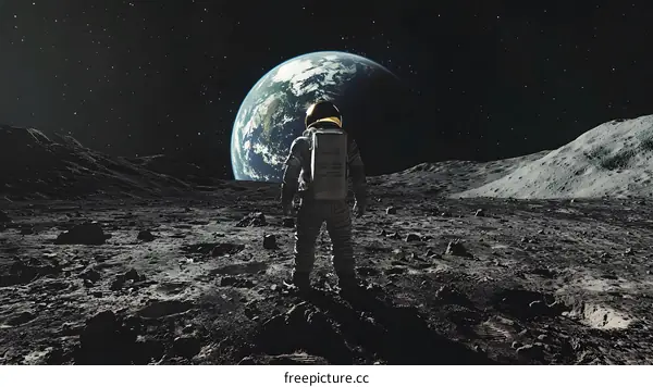 Astronaut Standing on the Moon Surface with Earth in the Background