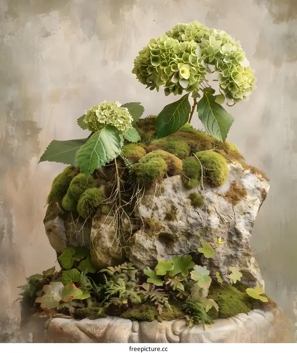 Green Hydrangea on Mossy Stone