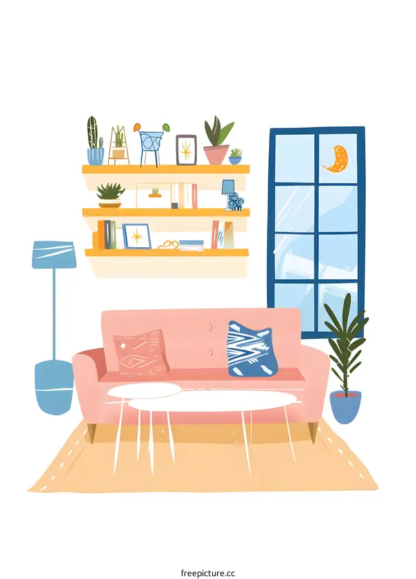 Living Room Interior Design Illustration with Pink Sofa