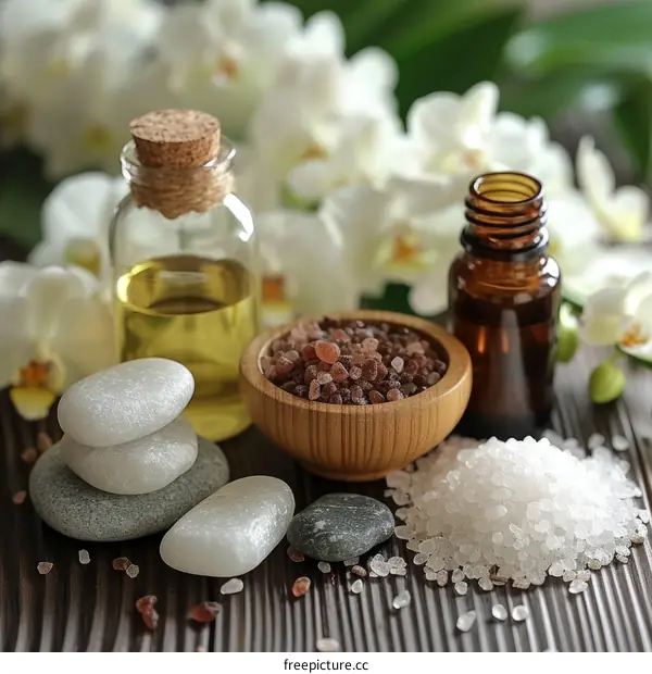 Spa and wellness still life with salt, oil and flowers