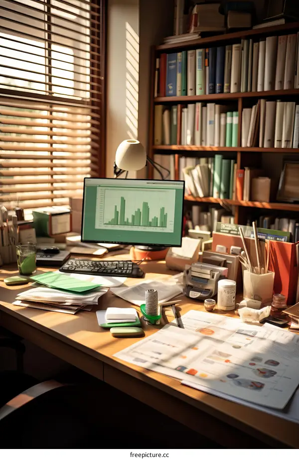 A home office desk with a computer, books, and papers