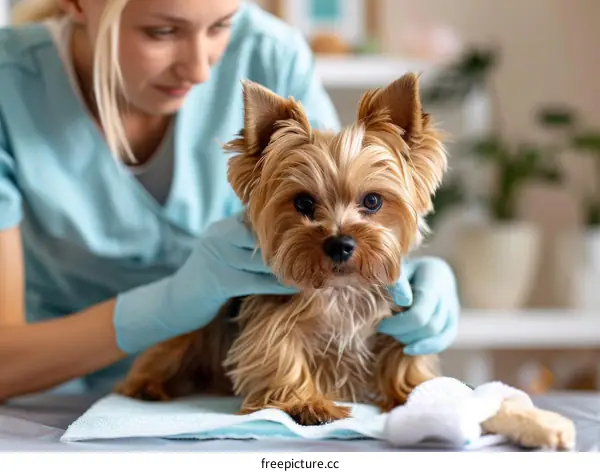 Yorkshire Terrier being examined by a veterinarian