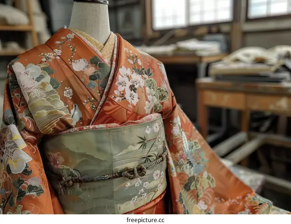 Kimono with orange and green floral pattern and green obi with white and gold pattern