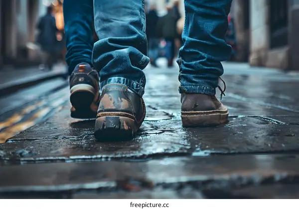 Two People Walking on a Wet Pavement