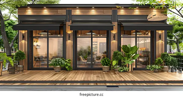 Modern Rustic Style Cafe Building with Wooden Facade and Large Windows