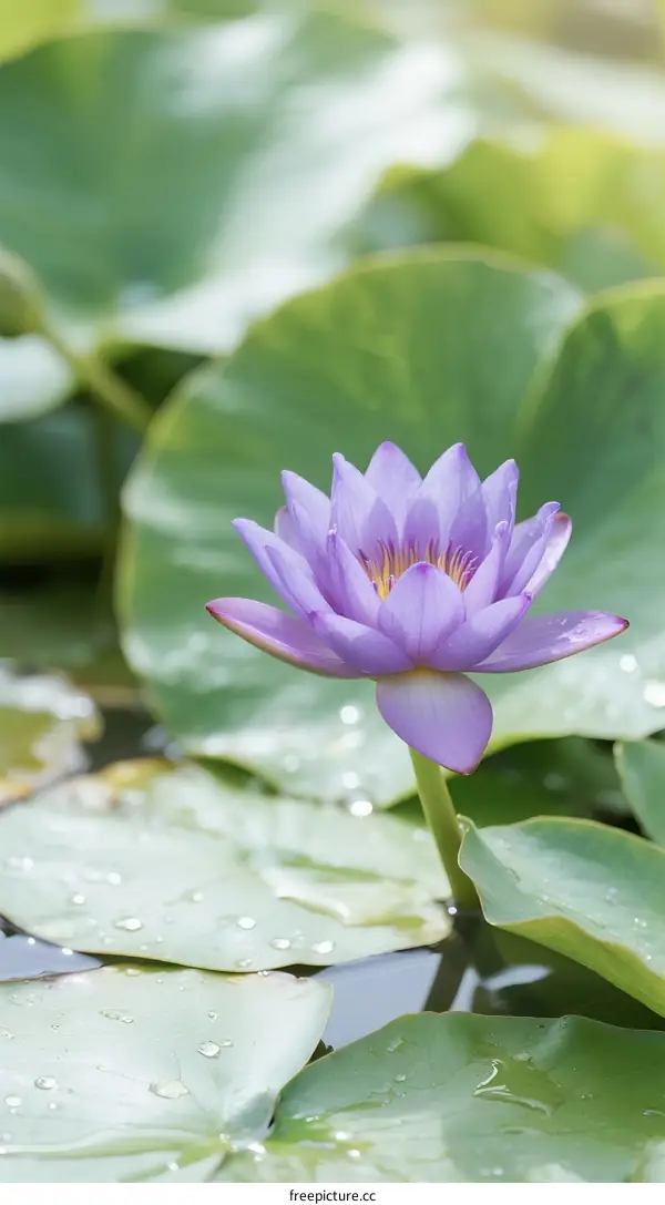 Beautiful Purple Water Lily Flower in Pond with Green Leaves