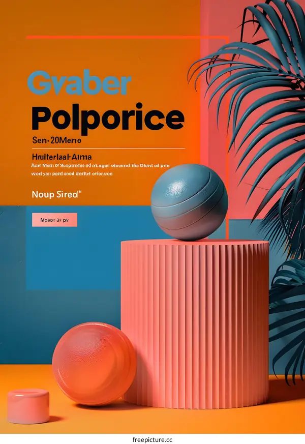 Abstract 3D Render of Blue and Pink Spheres on Cylinders with Palm Leaves