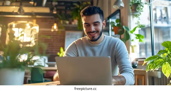 Smiling Man Working on Laptop in Cafe