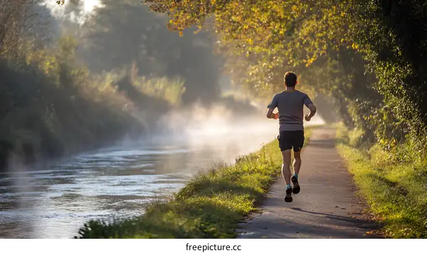 Man Running Along Canal Pathway in Morning Fog