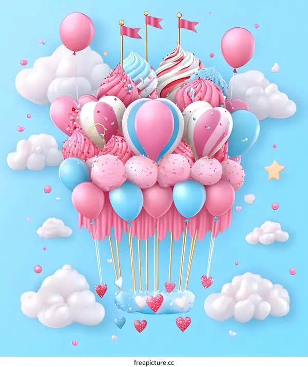 Pink And Blue Candy Balloon Hot Air Balloon In The Sky