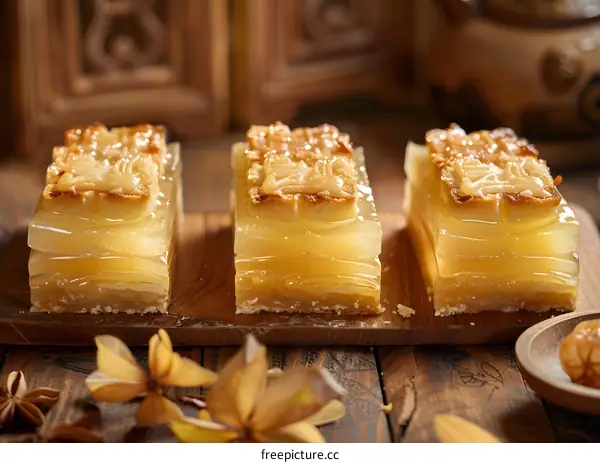 Closeup of Delicious Layered Dessert on Wooden Board