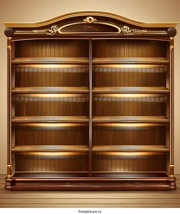Classic Vintage Wooden Bookcase with Gold Trim and Empty Shelves