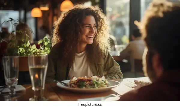 Laughing woman with curly hair sitting at a table in a restaurant