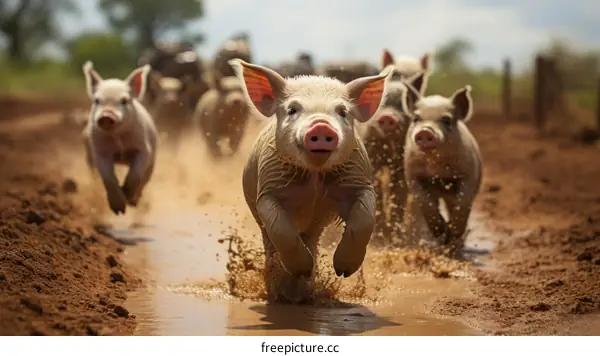 A group of happy pigs running in the mud