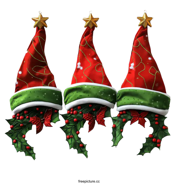 [Transparent Background PNG]Three Christmas Santa Hats with Holly Decorations
