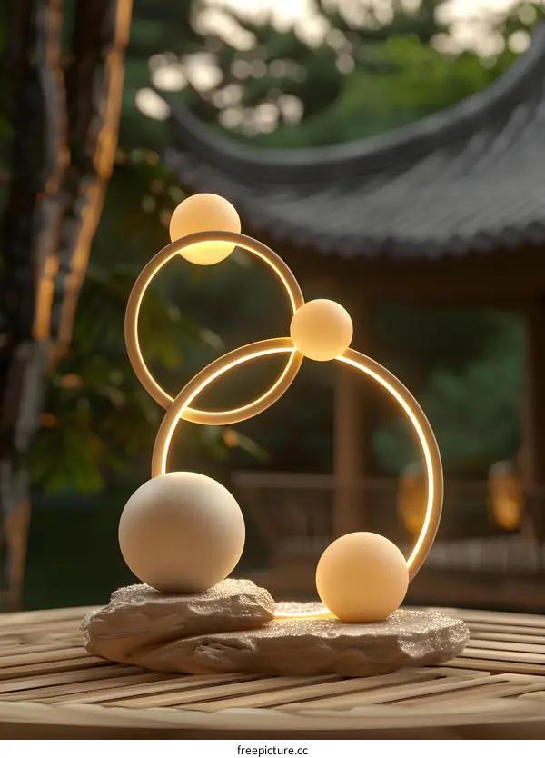 Abstract Minimalist Circle Light Sculpture With Glowing Spheres