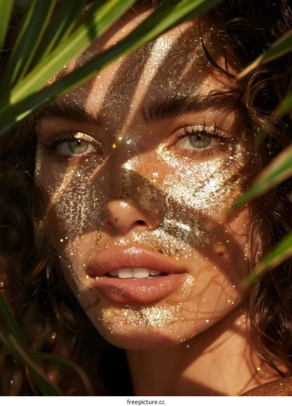 Close-up portrait of a woman with golden glitter on her face