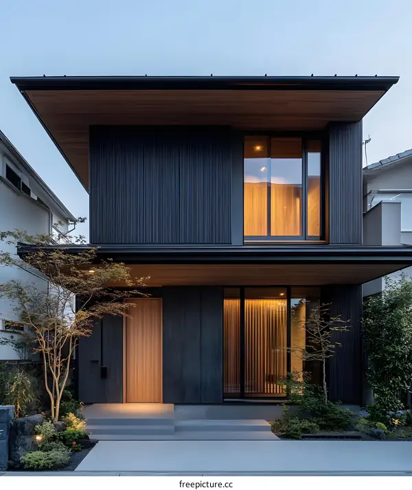 Modern Two Story House with Wooden Front Door and Large Windows