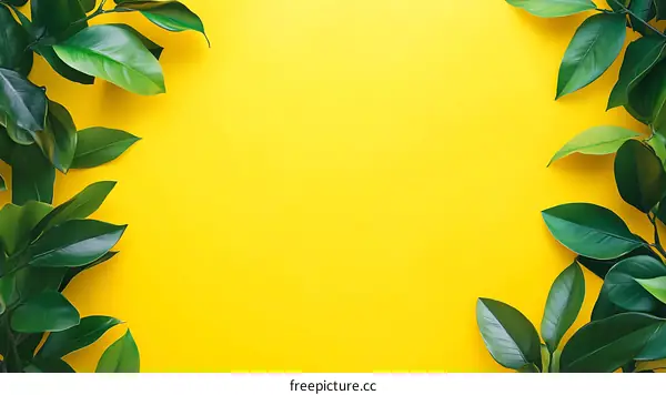 Green Leaves Border on Yellow Background