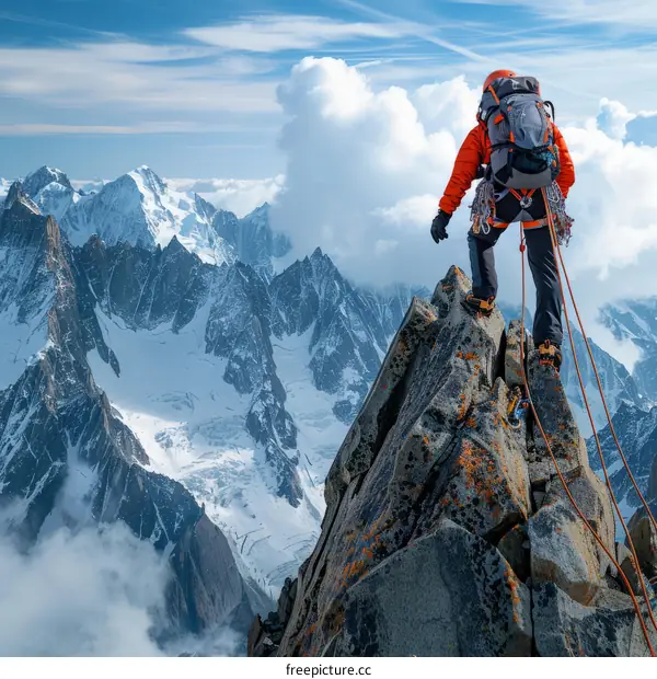 A mountain climber reaches the summit of a mountain and looks out at the view