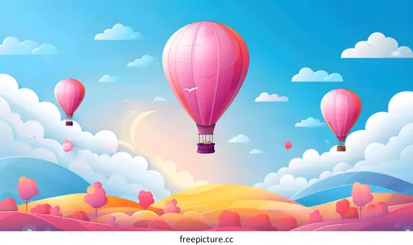 Pink Hot Air Balloons Flying Above the Clouds